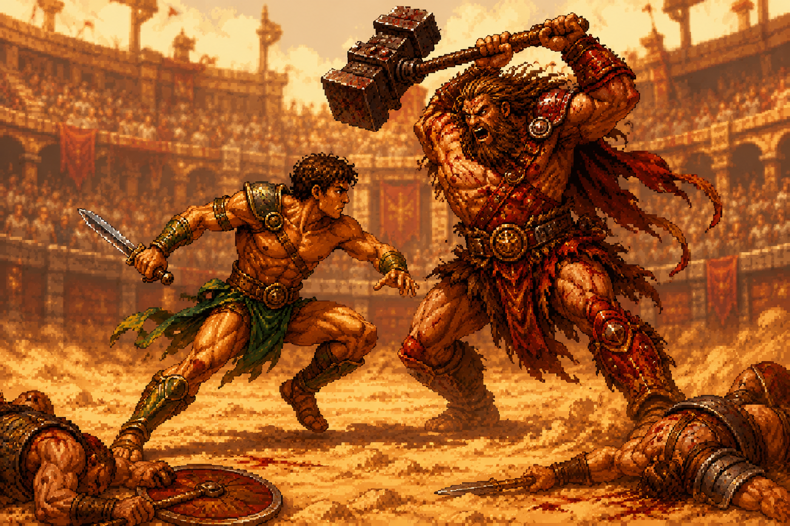Un gladiateur en plein combat contre un énorme adversaire.