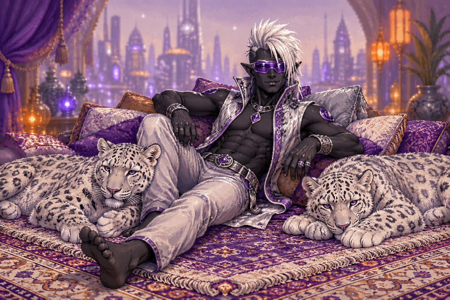 Un drow futuriste à la peau d’ébène et à la crête blanche, détendu entre deux panthères blanches.