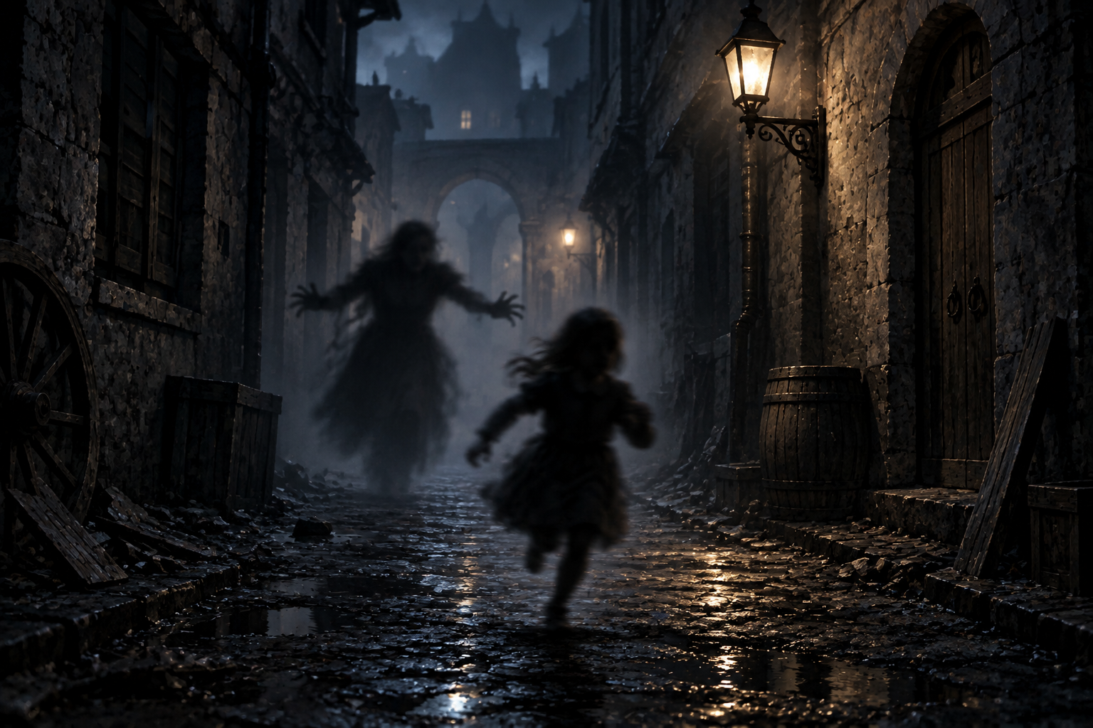 Une petite silhouette fuyant une ombre menaçante dans une rue sinistre.